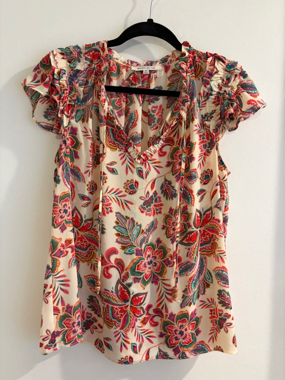 Rose & Olive Cream Floral Tie-Neck Blouse with Red and Teal Accents